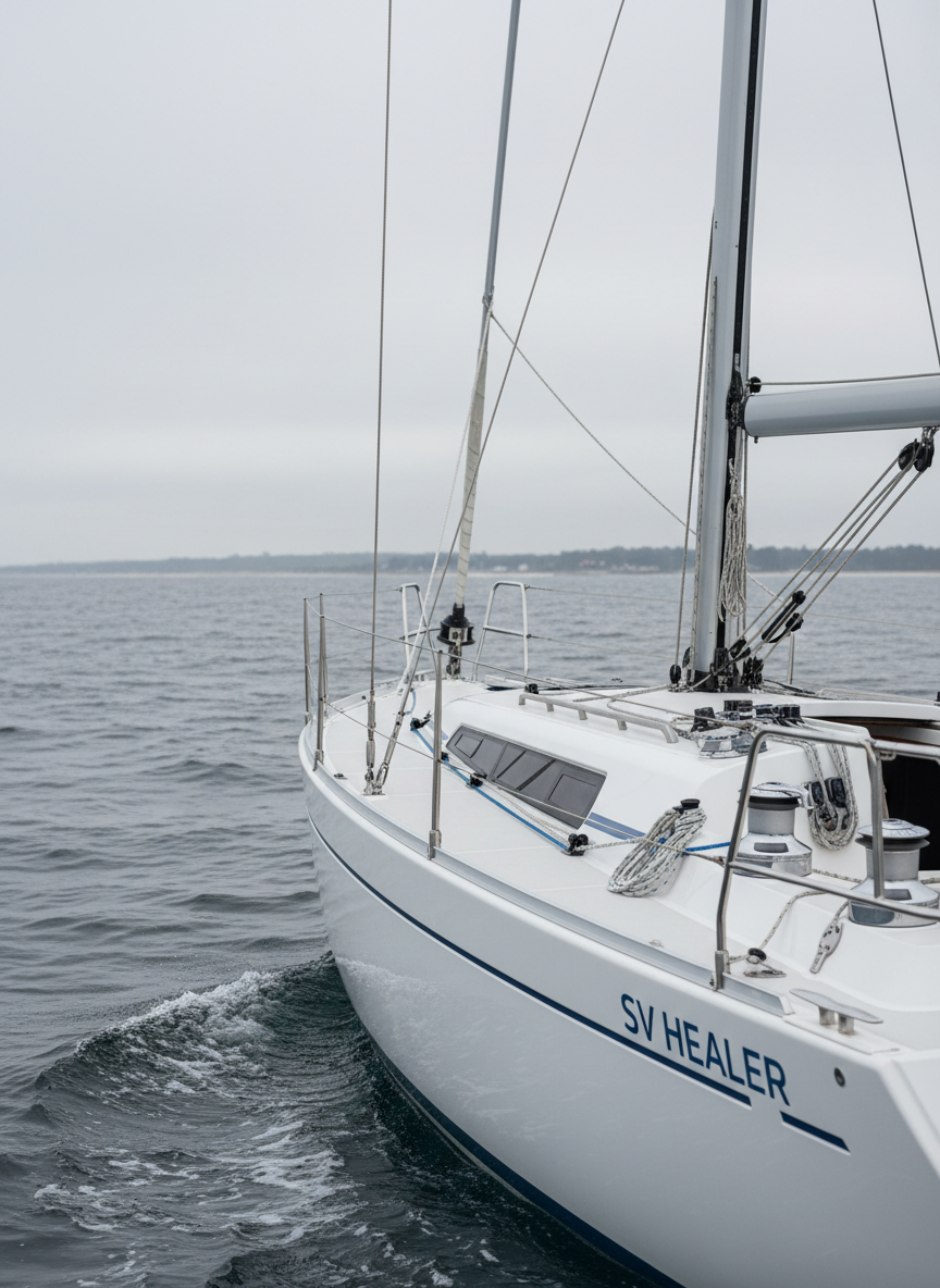 A sleek white fiberglass sailing yacht named SV Healer seen from the bow, cutting cleanly through a calm North Atlantic swell. The deck hardware, taut stainless-steel lifelines, and neatly coiled lines show careful seamanship. The camera is positioned low at the pulpit, looking aft along the side deck toward the cockpit and twin backstays. Soft overcast daylight from a high grey sky creates gentle, even lighting across the non-slip deck and rippling water, with subtle reflections along the hull. The distant horizon and low, misty coastline are slightly blurred, emphasizing the boat’s movement. Photographic realism, eye-level composition with sharp focus throughout, conveying a professional, documentary feel of an offshore passage.