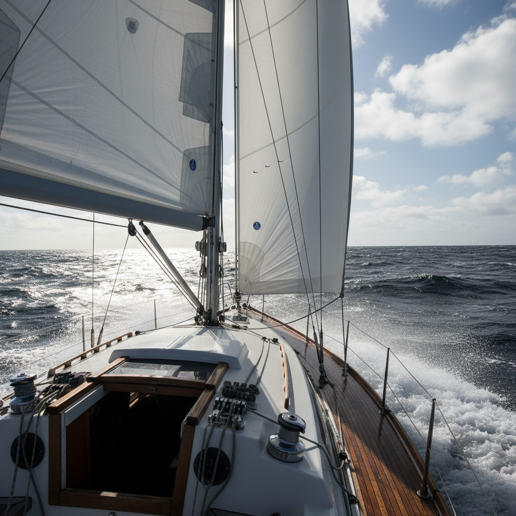 SV Healer under sail on a breezy day in the North Sea, photographed from a slightly elevated vantage point on her own mast using a fixed camera mount. The white mainsail is double-reefed, its reinforced batten pockets and crisp sailcloth clearly visible, while the smaller headsail is partially furled and drawing hard, evidenced by the taut sheet leading to a winch. Short, steep waves slap against the hull, sending fine spray across the side deck. Harsh midday sun punches through scattered clouds, creating sparkling highlights on the choppy water and bright reflections on wet deck surfaces, with deeper shadows under the boom. The frame is dynamic and slightly off-center, emphasizing the boat’s heel and motion, documentary photographic realism conveying the seriousness of offshore conditions.