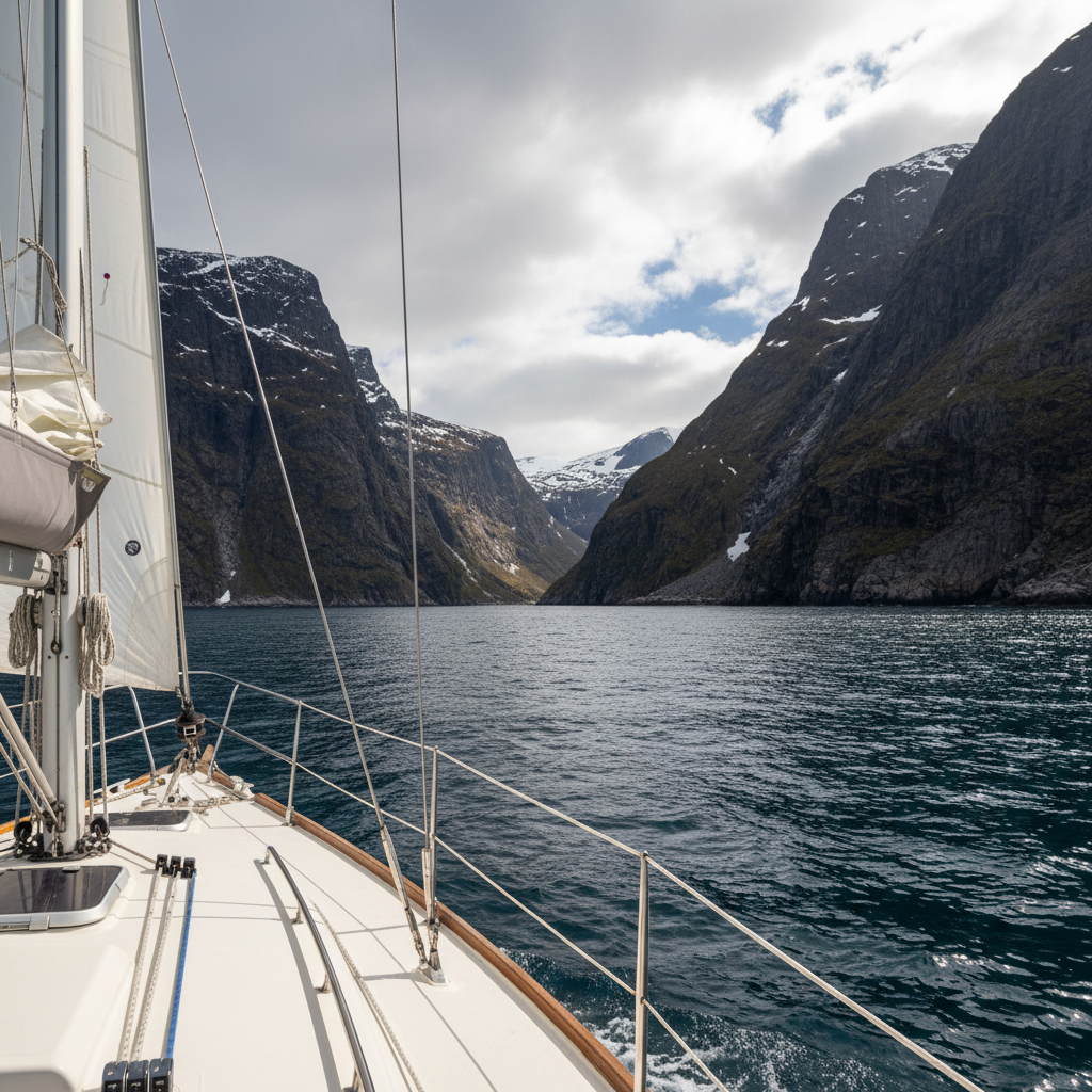 A wide documentary photograph taken from the foredeck of SV Healer approaching the rugged coast of western Norway, backtracking the historic Viking route. The white deck and taut forestay frame a dramatic landscape of steep, dark rock faces dropping into steel-blue water, with scattered patches of late-spring snow clinging to higher slopes. Low, broken cloud filters cool afternoon light, creating gentle contrasts on the cliffs and soft highlights on the faint wake trailing from the bow. The composition uses leading lines from the guardrails and reefed headsail to draw the eye toward a narrow fjord entrance ahead. Photographic realism, sharp focus from bow to distant peaks, capturing a professional, exploratory atmosphere of landfall after days at sea.